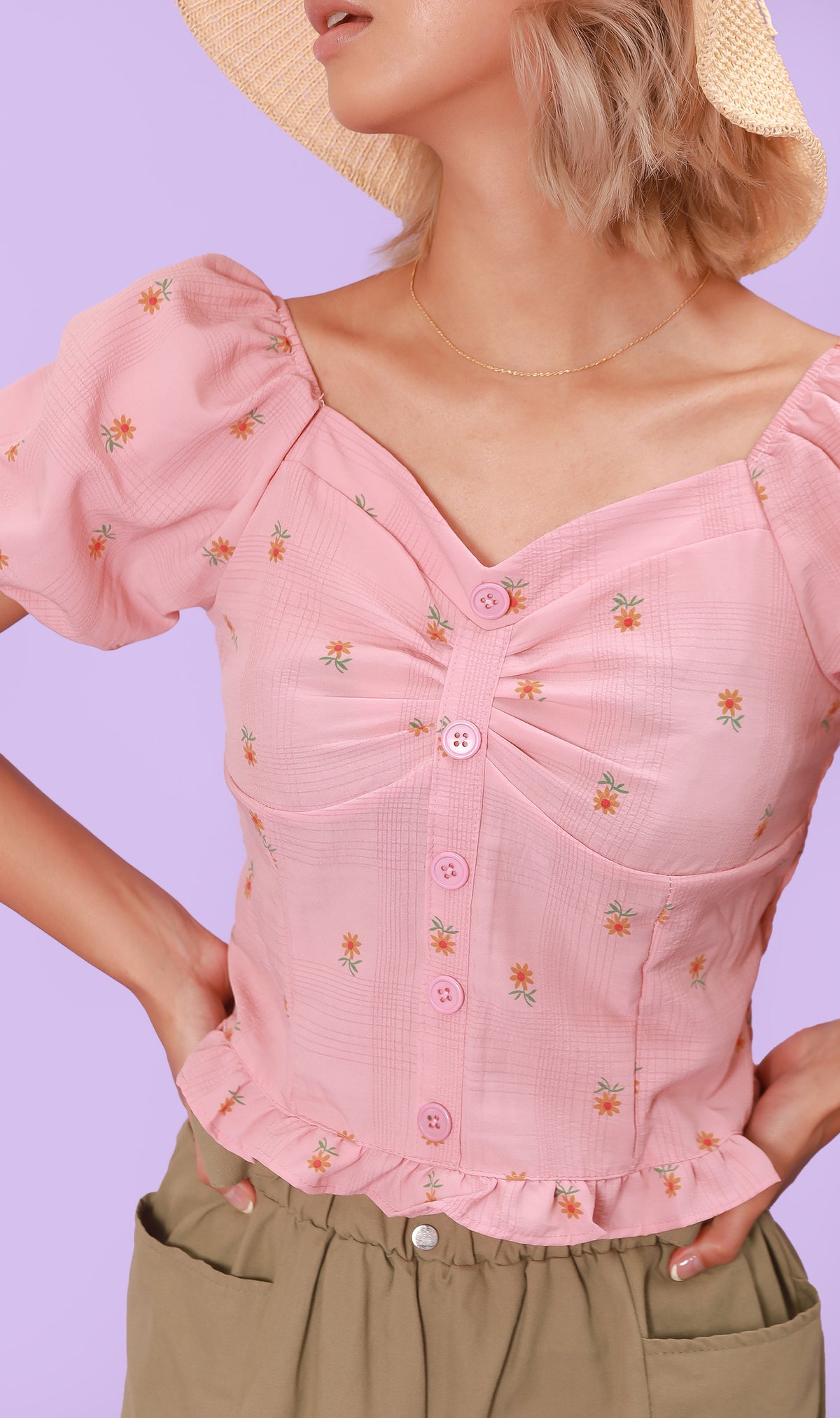 PENELOPE Sweetheart-Neck Puff-Sleeve Top (Pink)