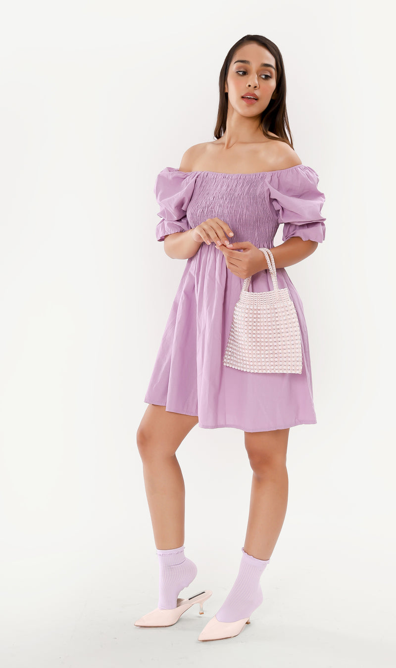REYA Smocked Puff-Sleeve Linen Dress (Lilac)