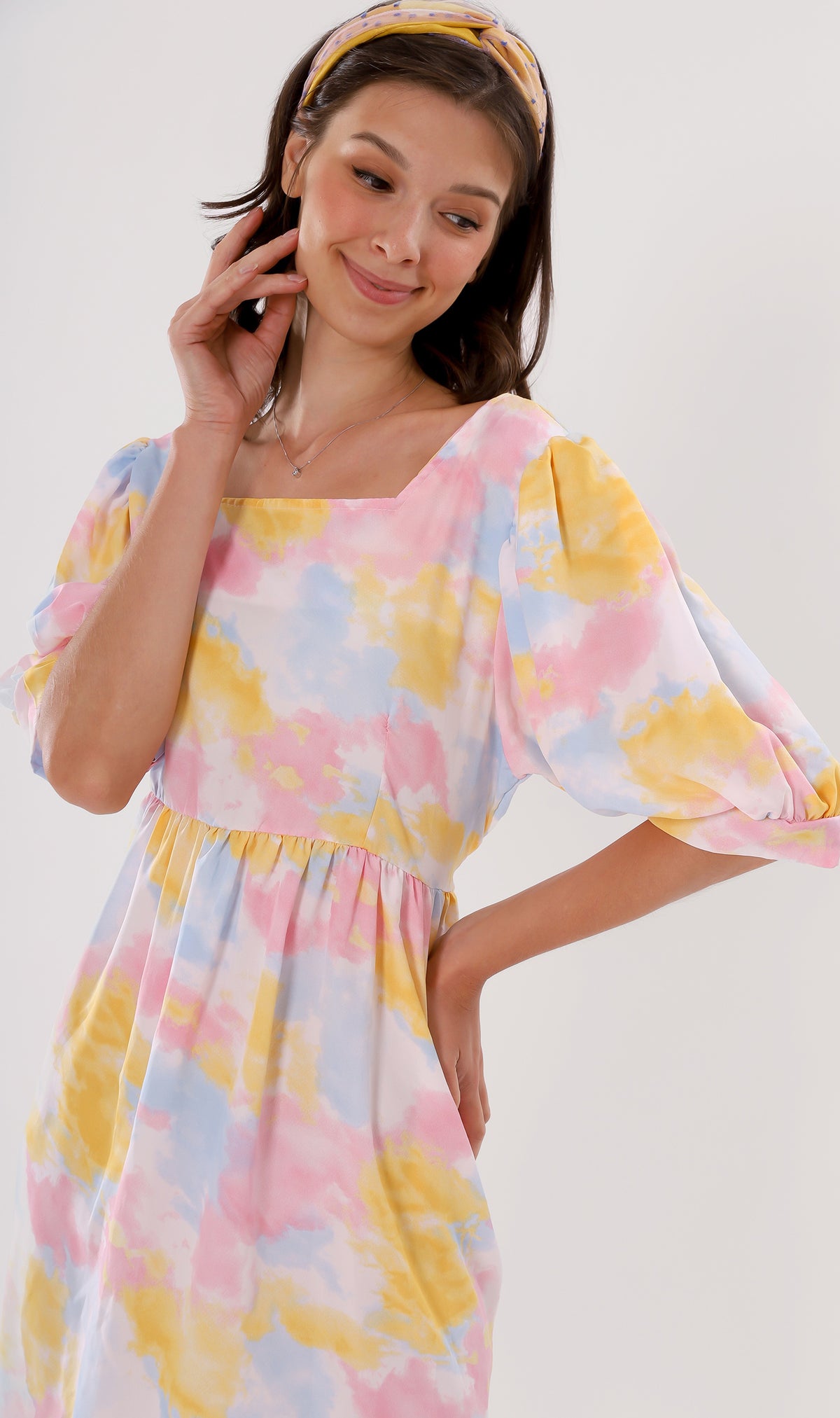 EFFIE Pastel Puff-Sleeve Dress (Yellow)