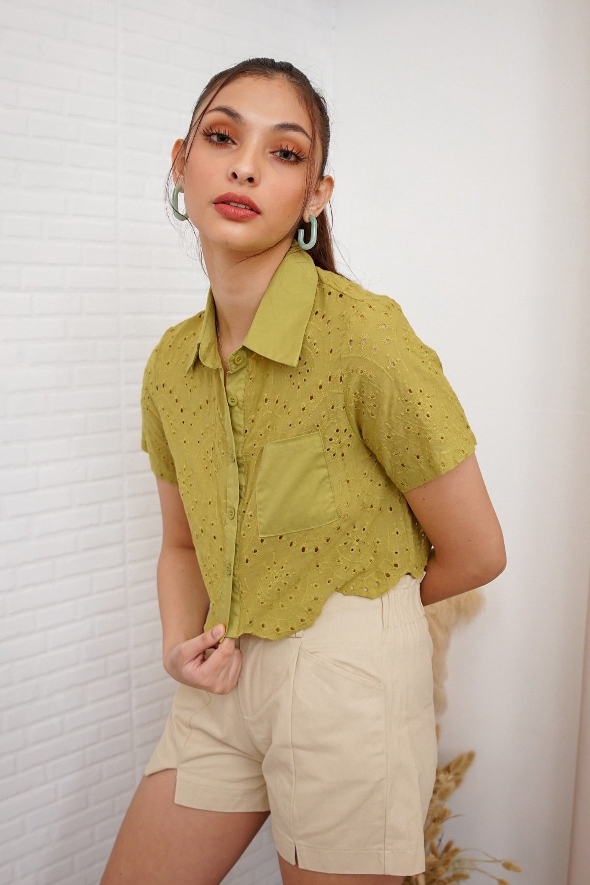 JANE Cropped Button-Down Eyelet Top (Apple Green)