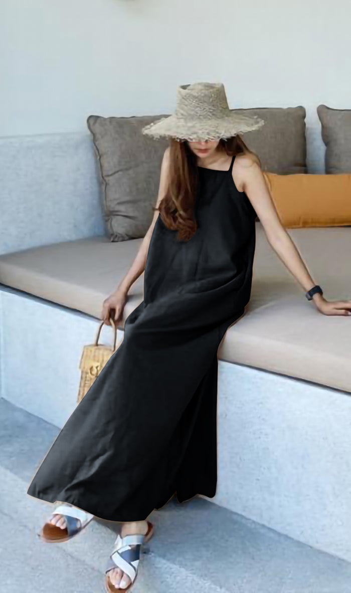 ZADIE Linen Slip Midi Dress (Black)