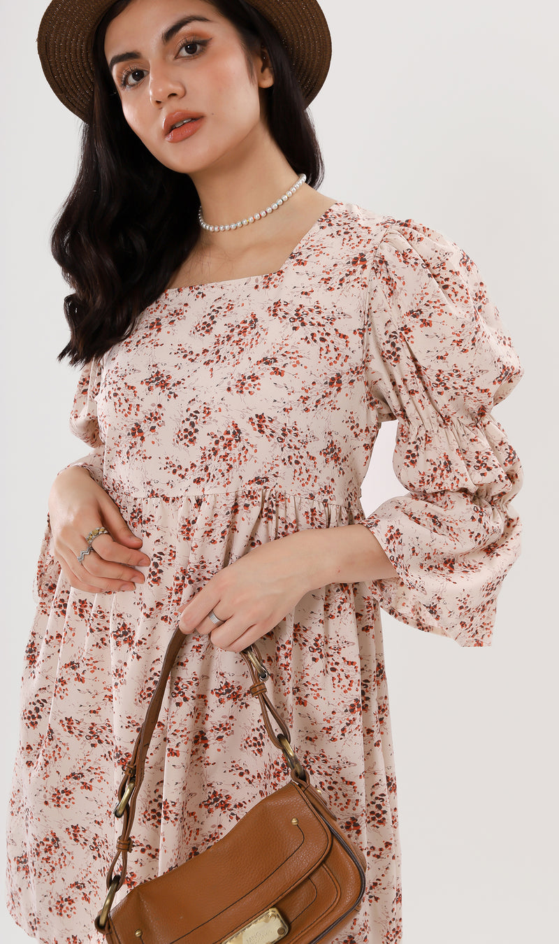 VALERIE Tiered-Sleeve Floral Dress (Cream)
