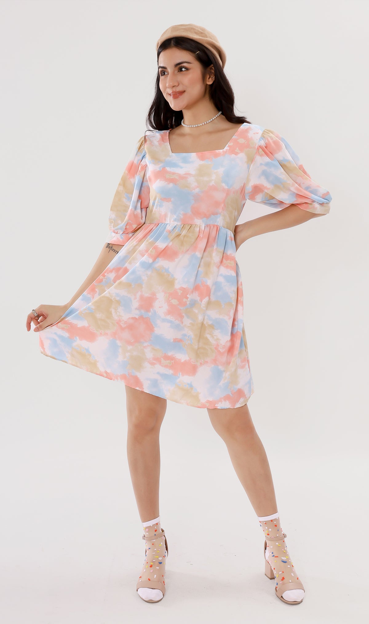 EFFIE Pastel Puff-Sleeve Dress (Peach)