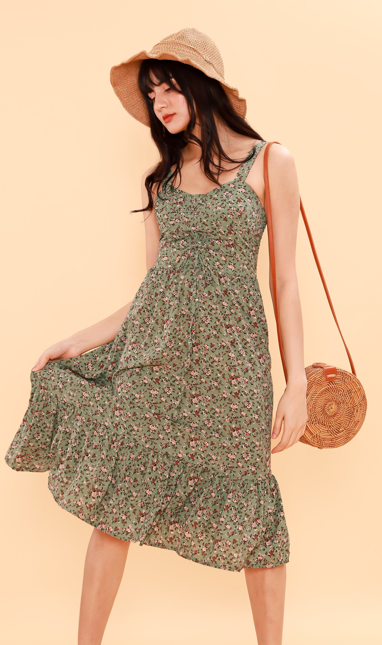 CRESSIDA Floral Lace-Up Midi Dress (Pistachio) – 1930 Clothing