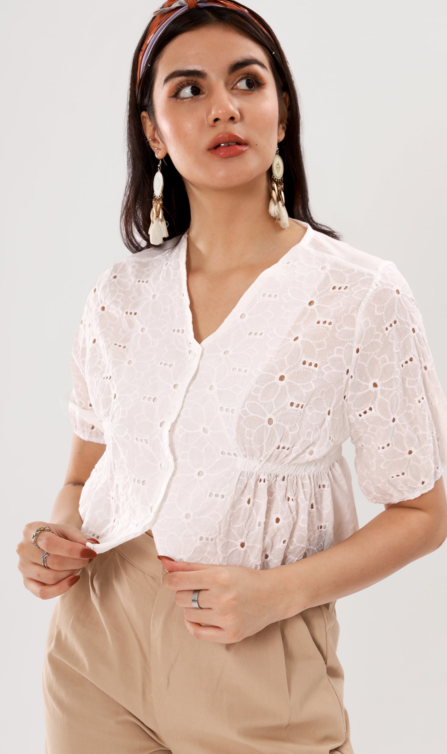 MICAELA Buttoned Eyelet Peplum Top (White) – 1930 Clothing