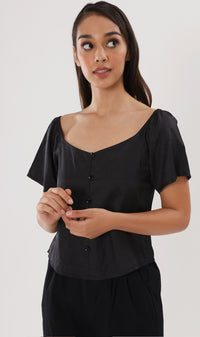 ELIANA Buttoned Flutter-Sleeve Top (Black)