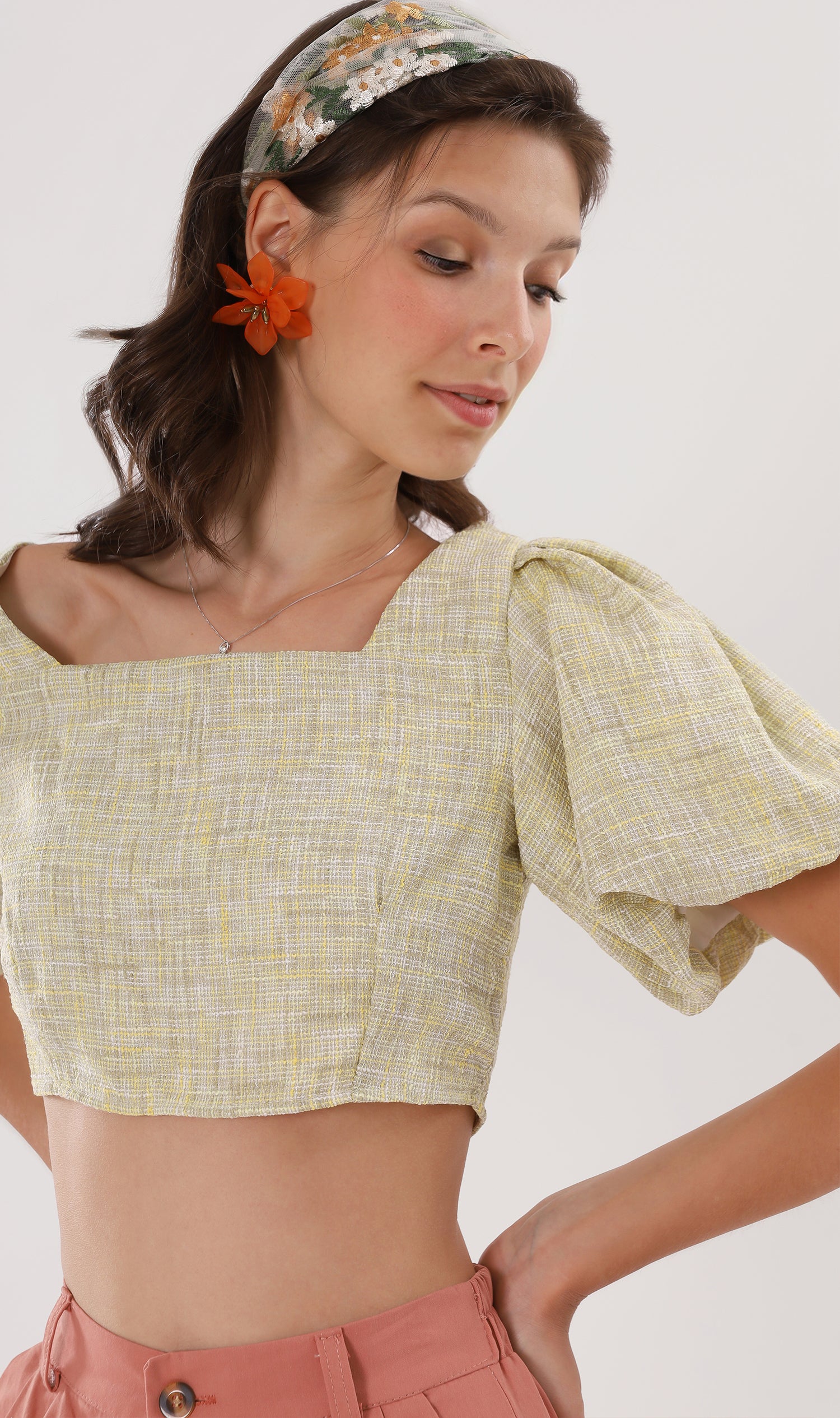 SASHA Tweed Puff-Sleeve Crop Top (Yellow) – 1930 Clothing