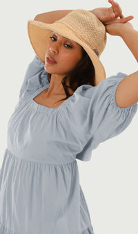 SOLANGE Linen Puff-Sleeve Dress (Powder Blue)