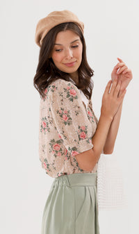 FARRAH Vintage-Collar Chiffon Button-Down (Nude)