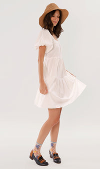 SOLANGE Linen Puff-Sleeve Dress (White)