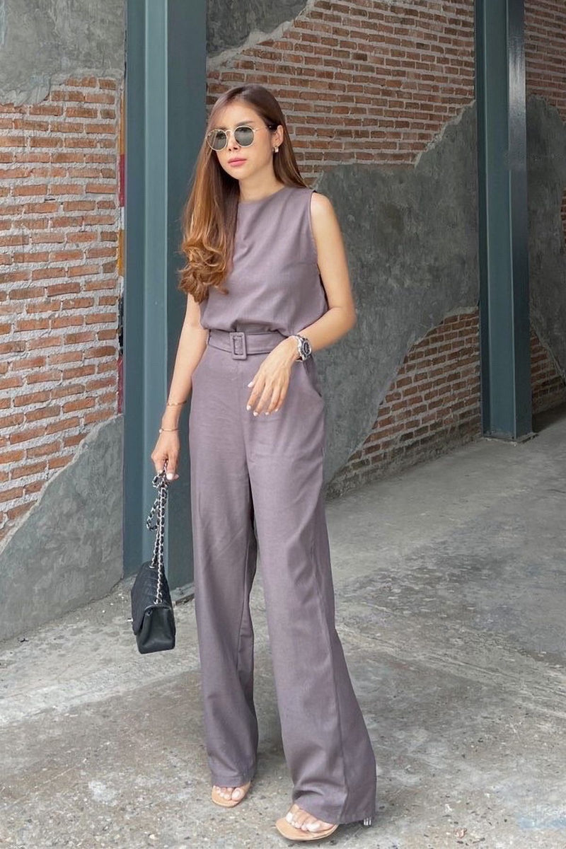 WILLA Linen Sleeveless Top & Belted Pants Co-ord (Deep Grey)