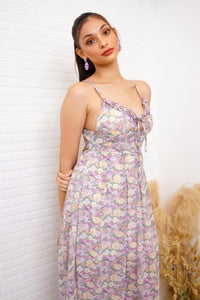 GISELLE Ruffled-Bustier Floral Midi Dress in Lavender