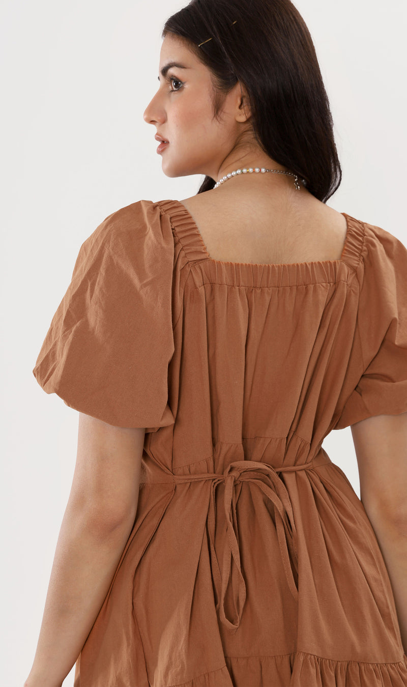 SOLANGE Linen Puff-Sleeve Dress (Cinnamon)