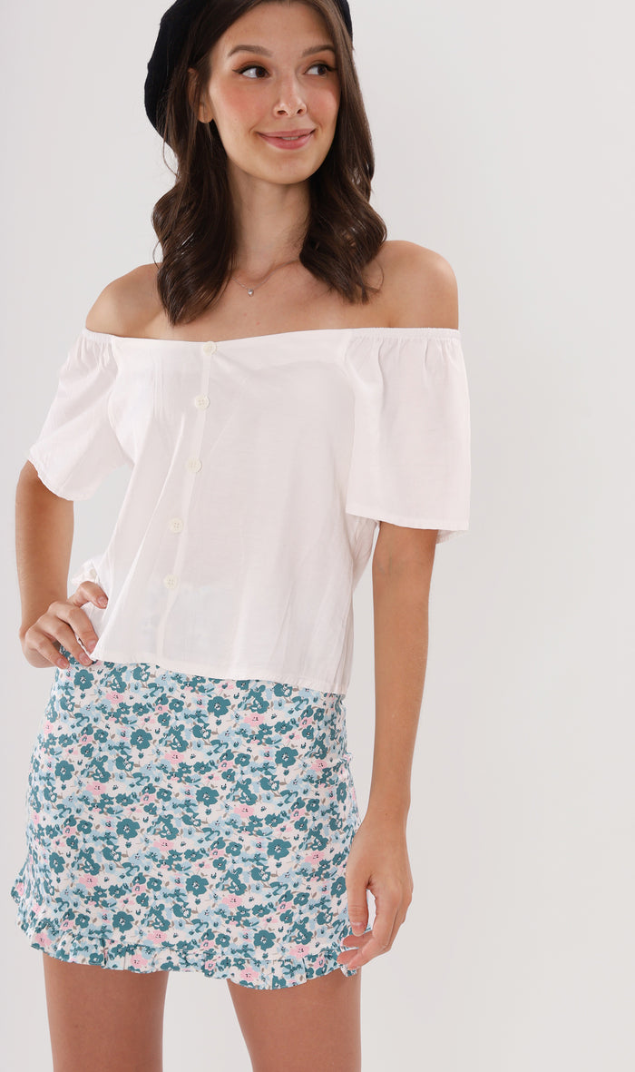 ELIANA Buttoned Flutter-Sleeve Top (White)