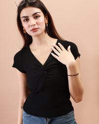 MARNIE Front Twist Knit Top (Black)