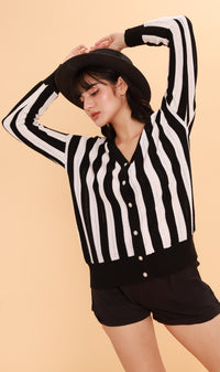AUDREY Striped Button-Down Cardi (Black/White)