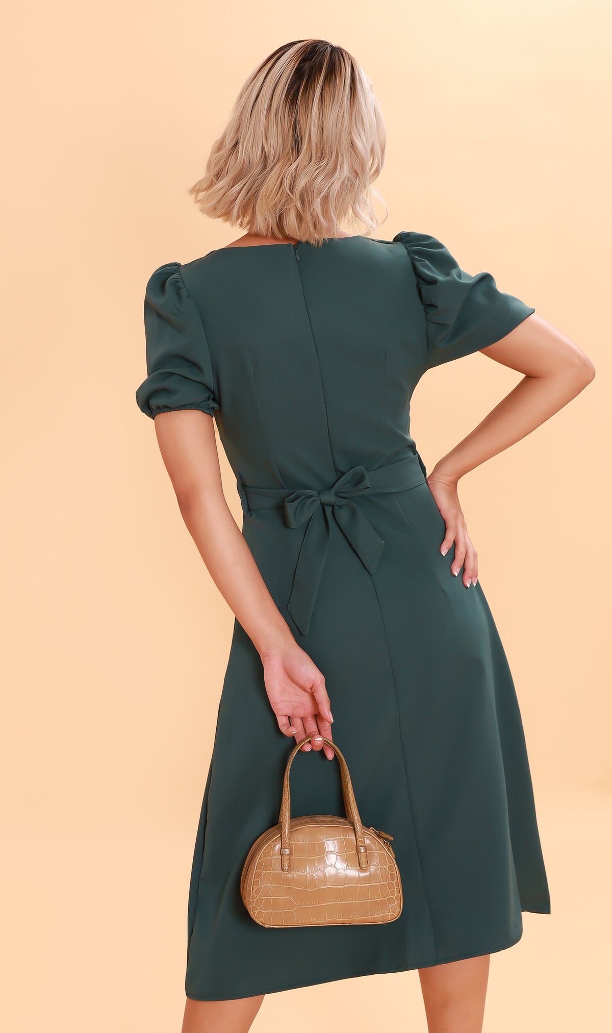 DAPH Puff-Sleeve Midi Dress (Emerald)