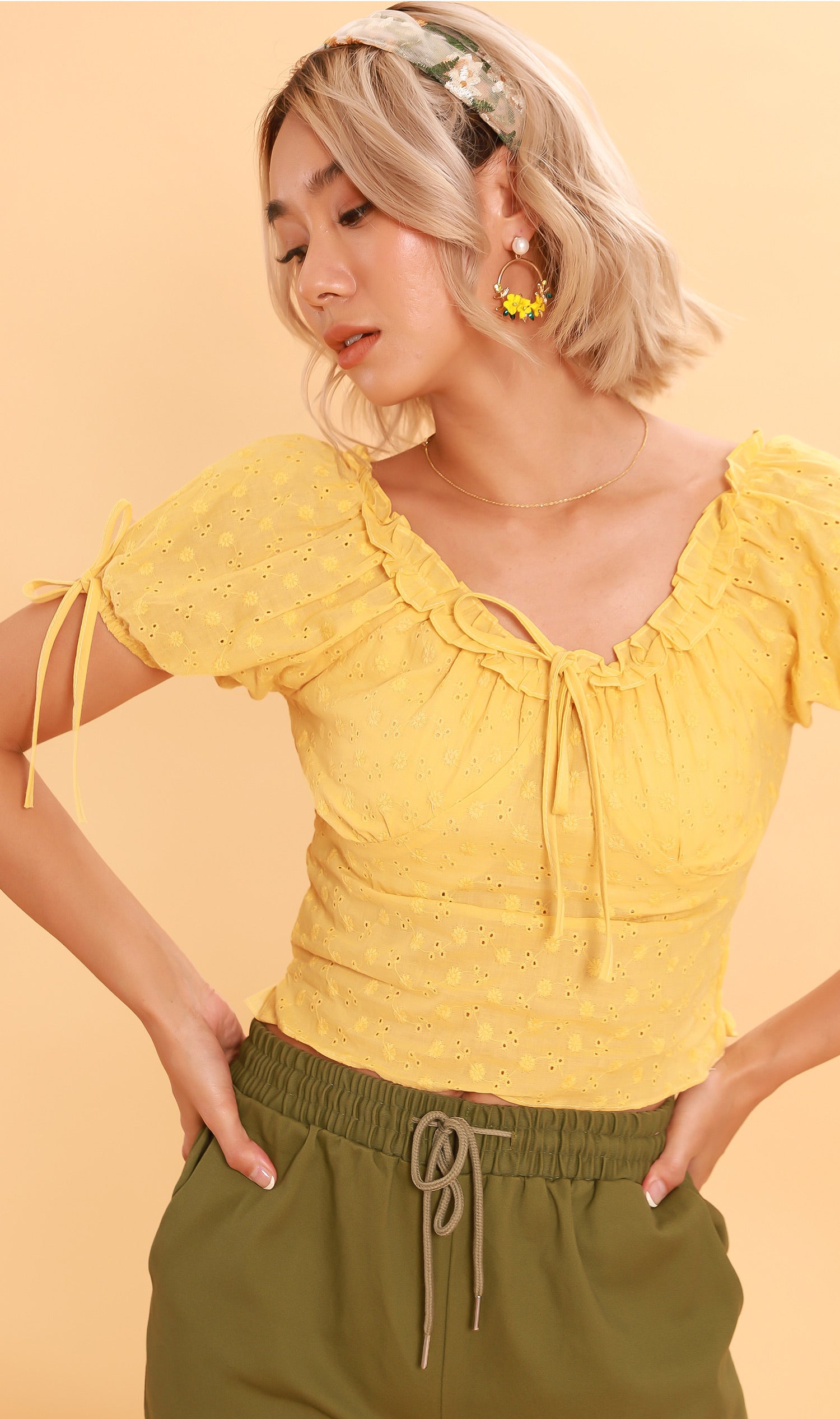 ELOISE Puff-Sleeve Eyelet Top (Yellow) – 1930 Clothing
