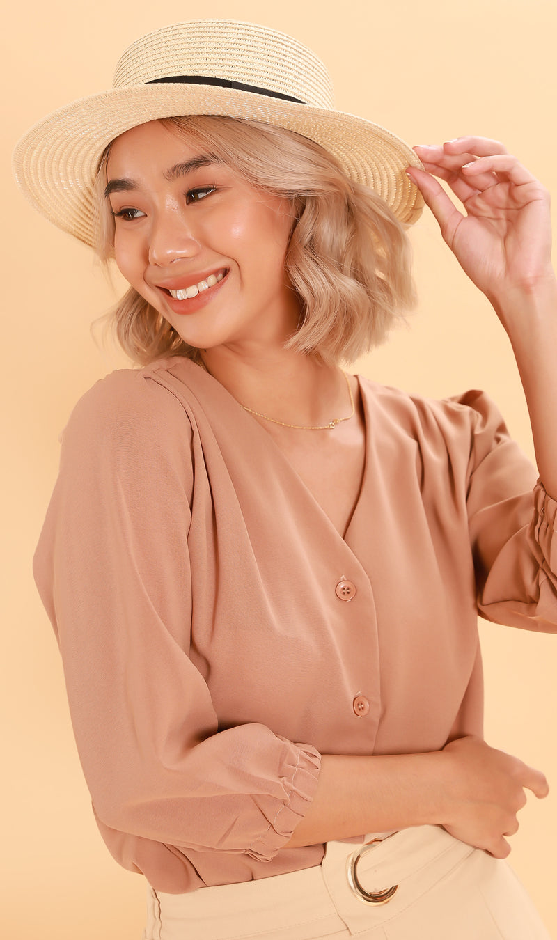 STELLA Button-Down Long-Sleeve Top (Nude)