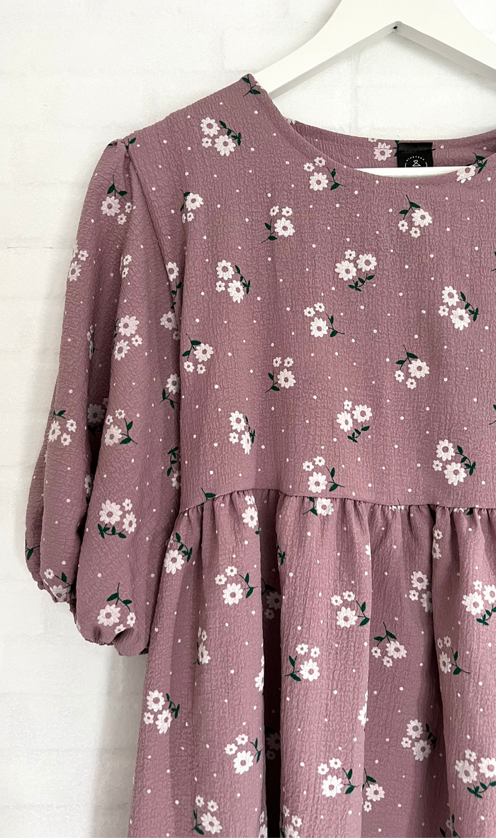 YANA Floral-Print Puff-Sleeve Babydoll Dress w/ Bag (Mauve)