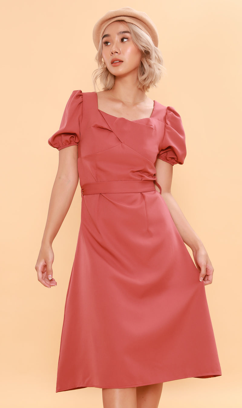 DAPH Puff-Sleeve Midi Dress (Dusty Rose)
