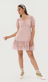 CRYSTAL Puff-Sleeve Ruffled Dress (Blush)