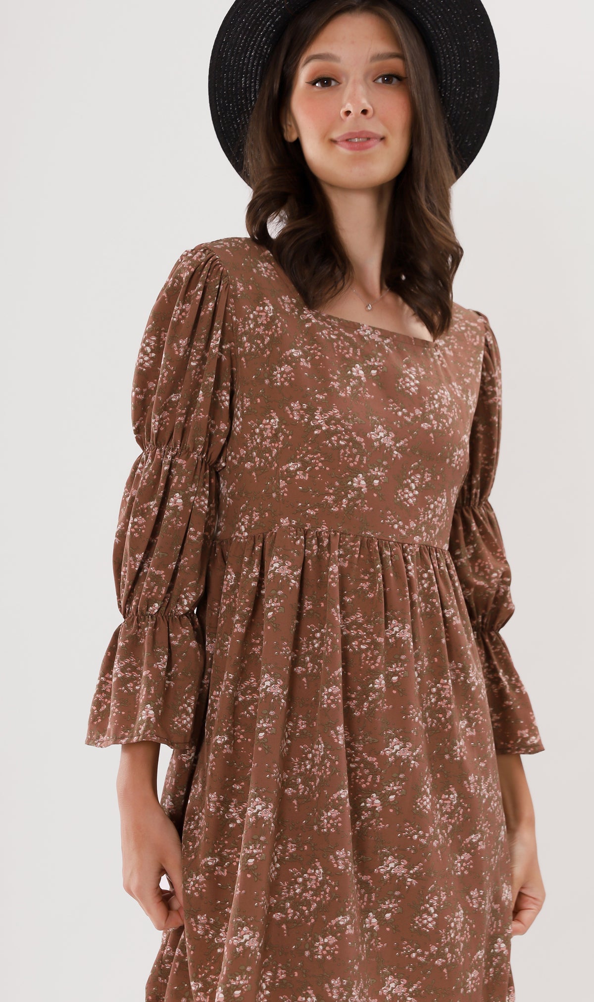 VALERIE Tiered-Sleeve Floral Dress (Mocha)