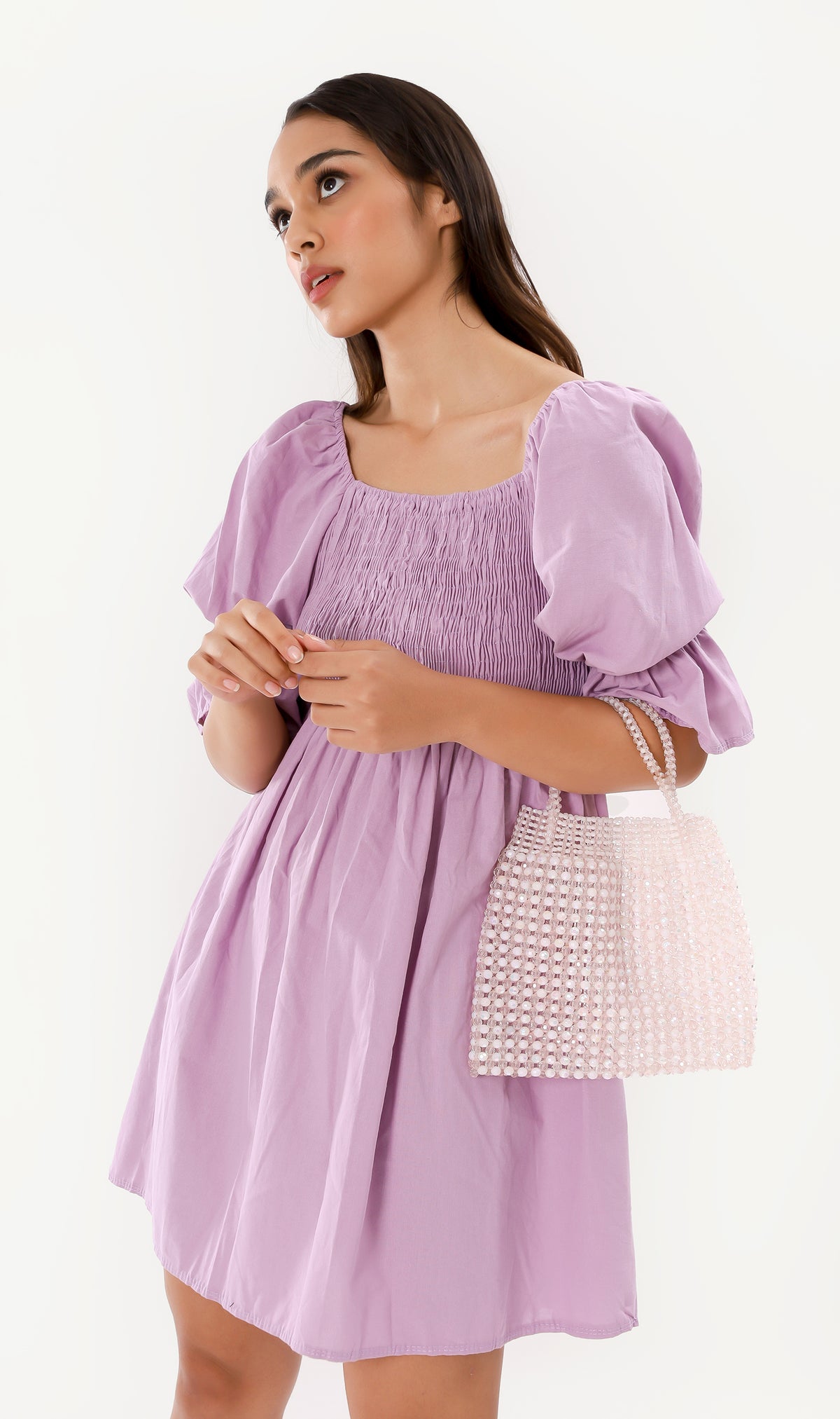REYA Smocked Puff-Sleeve Linen Dress (Lilac)