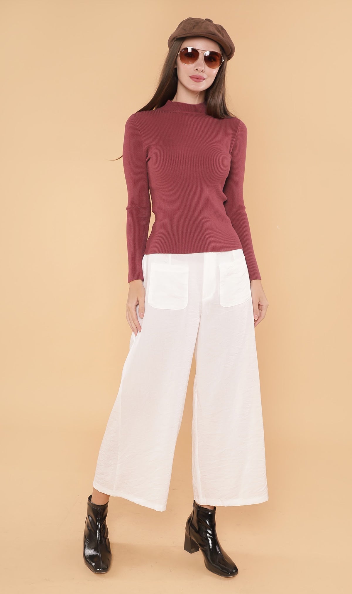 ROUX Mock-Neck Long-Sleeve Knit Top (Dusty Red)