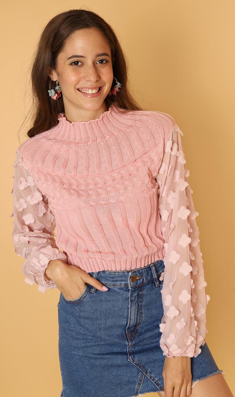 CARYS Floral Accent Knit Sweater (Pink)