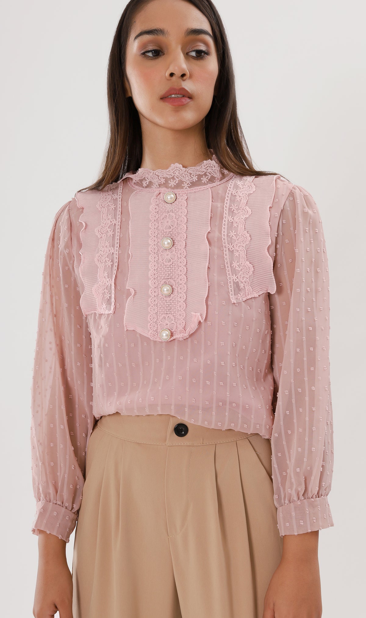 ALORA Lace-Trimmed Long-Sleeve Top (Blush)