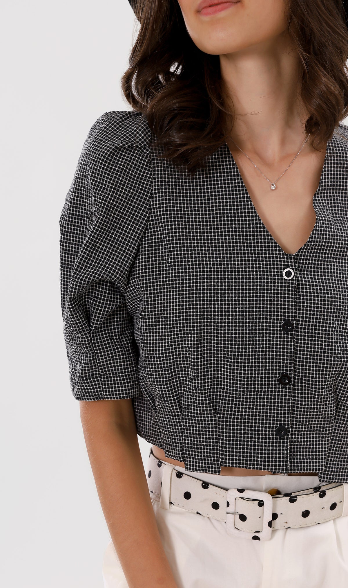 KATYA Buttoned Puff-Sleeve Grid Top (Black)
