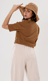 KATYA Buttoned Puff-Sleeve Grid Top (Cinnamon)