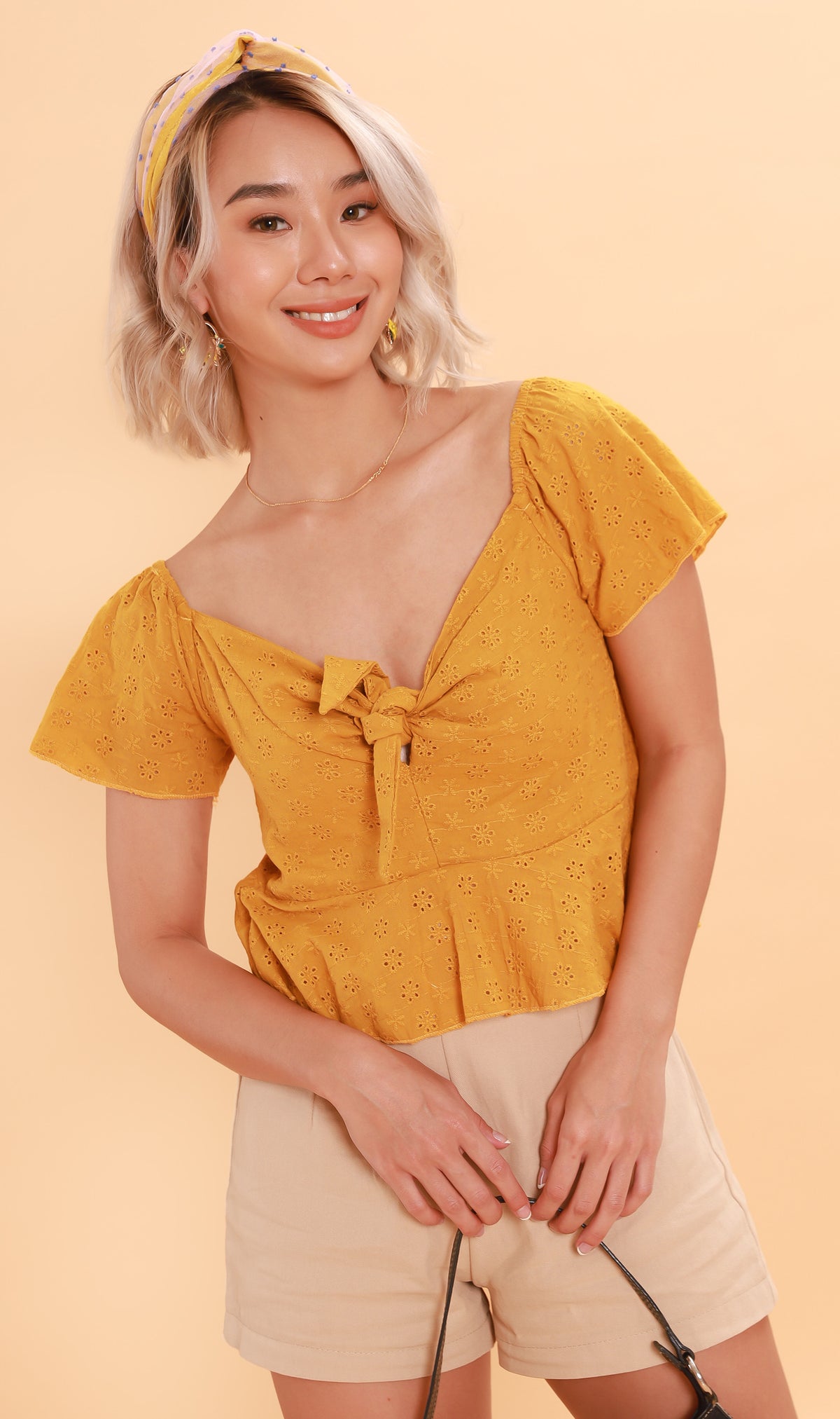 MINDY Tie-Bust Eyelet Crop Top (Canary)