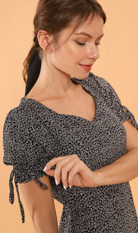 AMAYA Tie-Sleeve Printed Dress (Black)