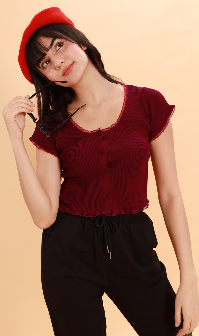 ABBY Lace-Trimmed Knit Crop Top (Ox Blood)