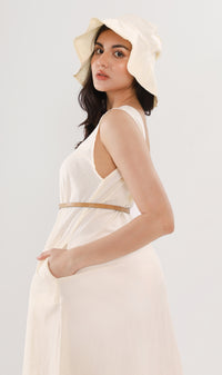 MAZIE Low-back Linen Midi Dress w/ Hat (Cream)
