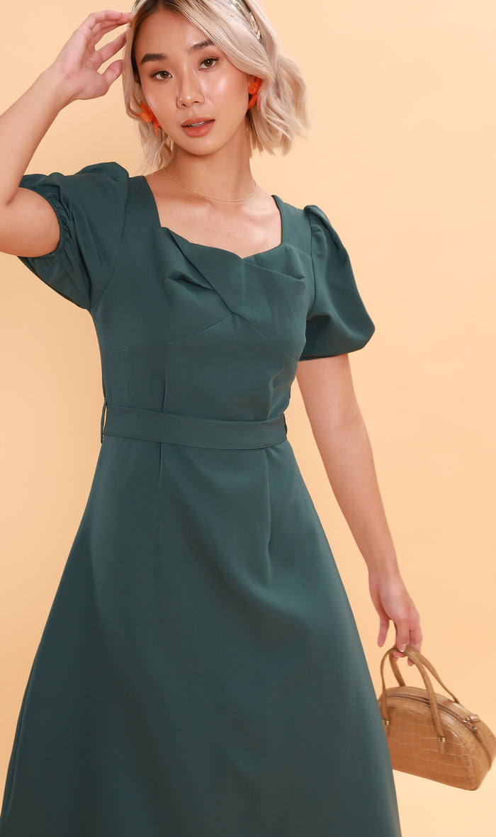 DAPH Puff-Sleeve Midi Dress (Emerald)