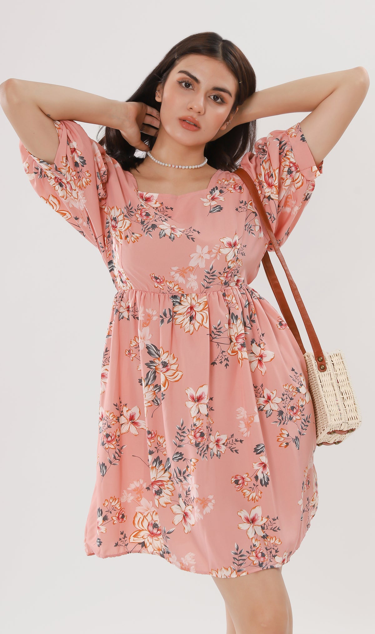 ALINA Floral-Print Puff-Sleeve Dress (Peach)