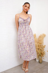 GISELLE Ruffled-Bustier Floral Midi Dress in Lavender