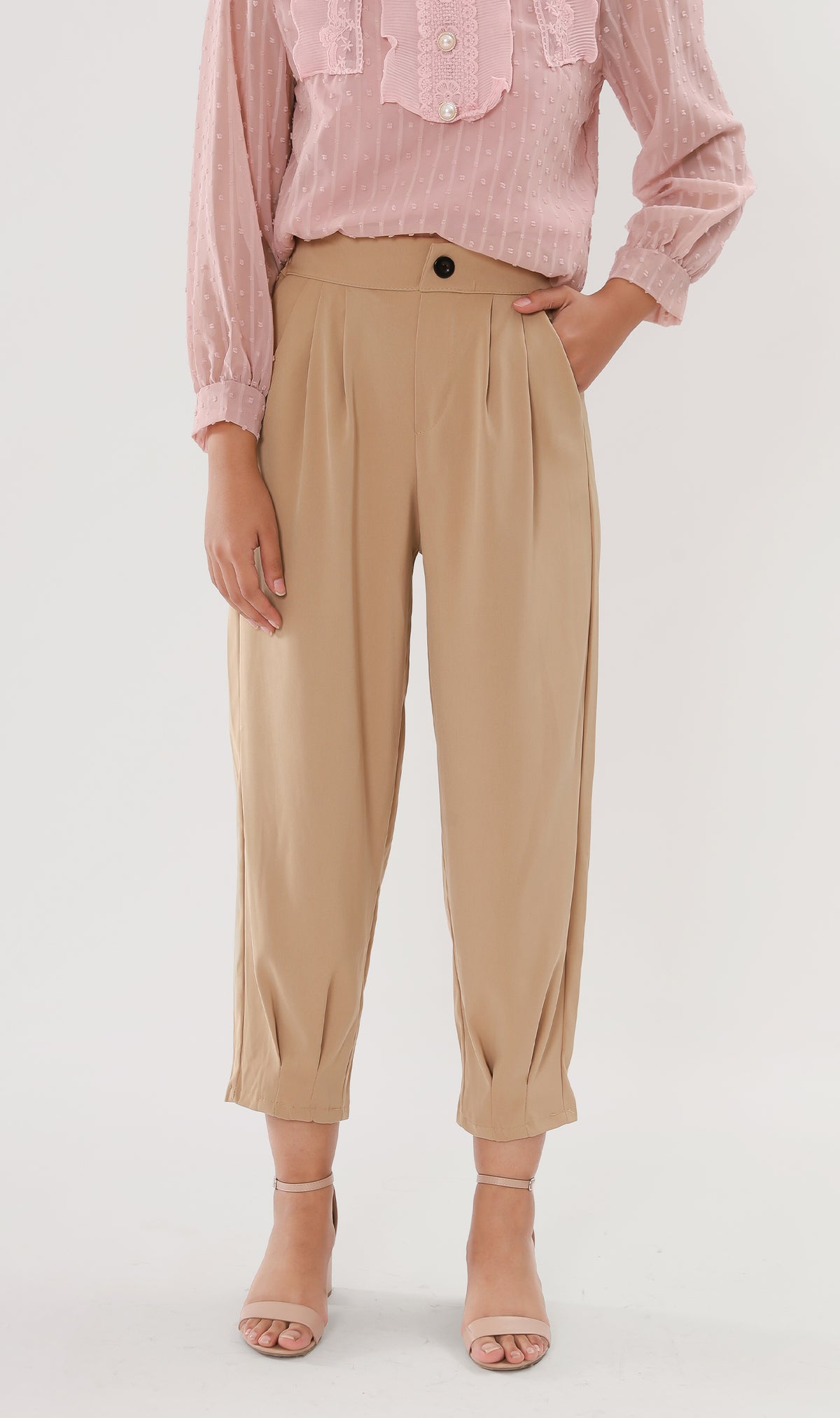 EZRA High-Waisted Pleated Tailored Trousers (Latte)