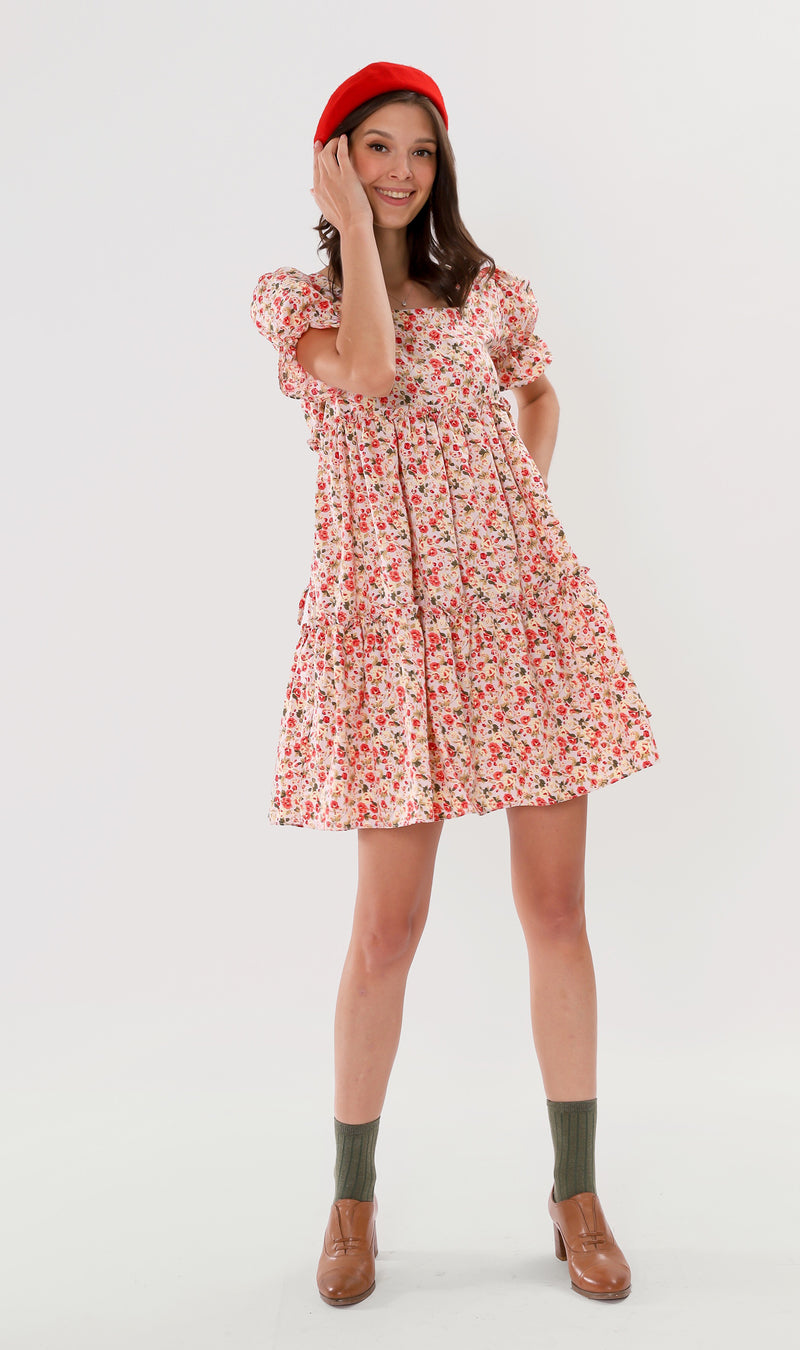 JADE Tiered Puff-Sleeve Dress (Pink)
