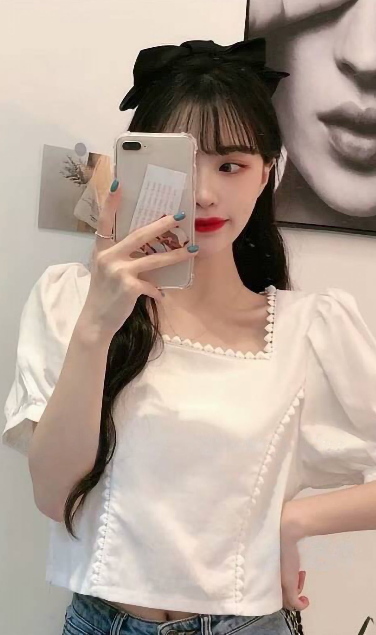 MOLLY Heart-Trimmed Puff-Sleeve Top (White)