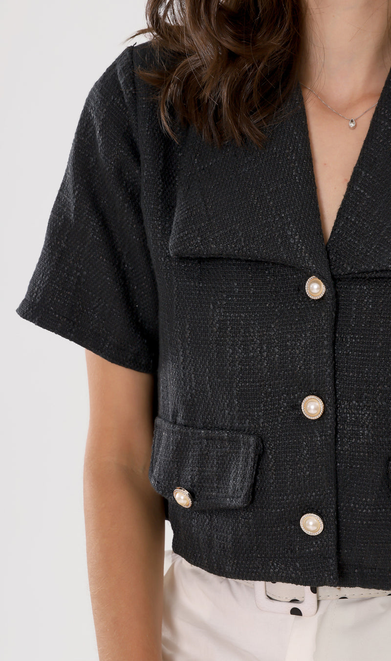 DIONNE Wide-Collar Tweed Blazer Top (Black)