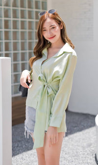 RORY Tie-Front Asymmetrical Button-Down (Honeydew)