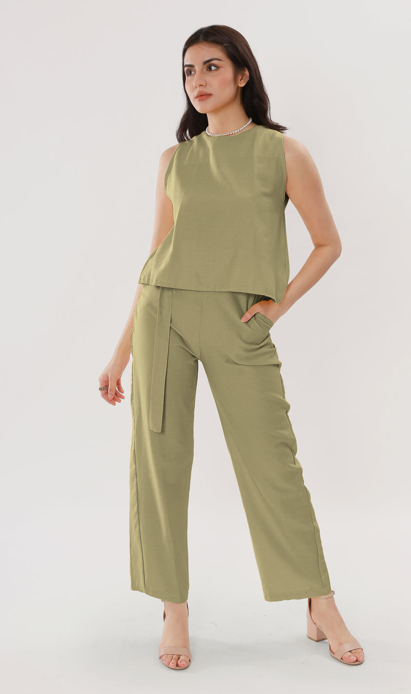 WILLA Linen Sleeveless Top & Belted Pants Co-ord (Sage)