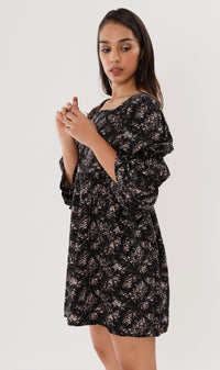 VALERIE Tiered-Sleeve Floral Dress (Black)