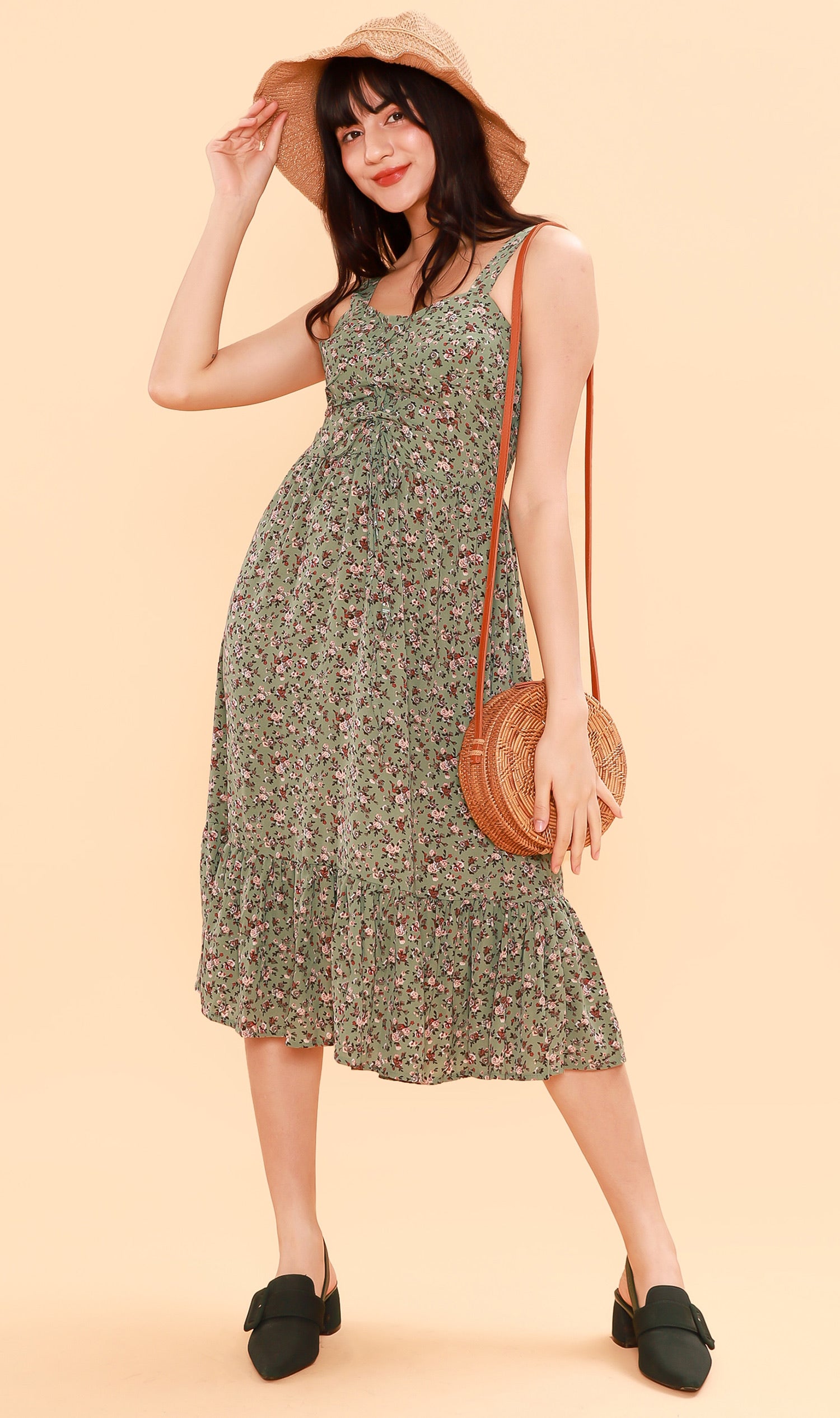 CRESSIDA Floral Lace-Up Midi Dress (Pistachio) – 1930 Clothing CRESSIDA Floral Lace-Up Midi Dress (Pistachio) – 1930 Clothing