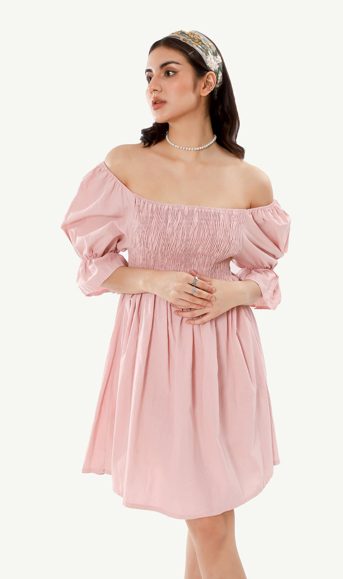 REYA Smocked Puff-Sleeve Linen Dress (Blush)