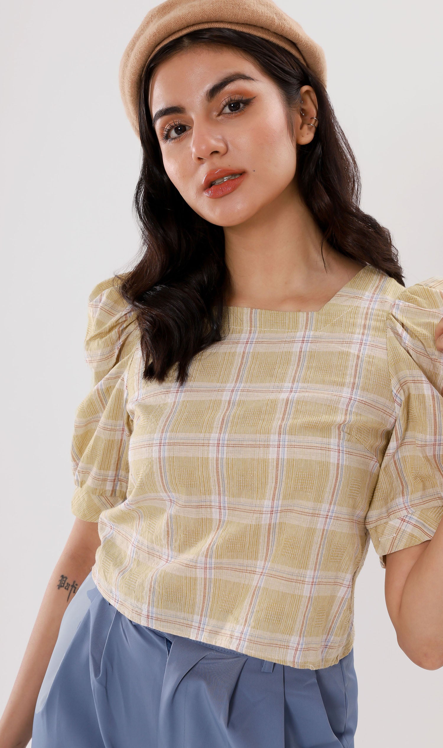 Plaid puff sleeve top hot sale